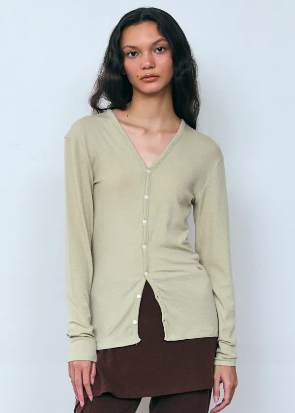 Ribbed Button Cardigan_Light Khaki
