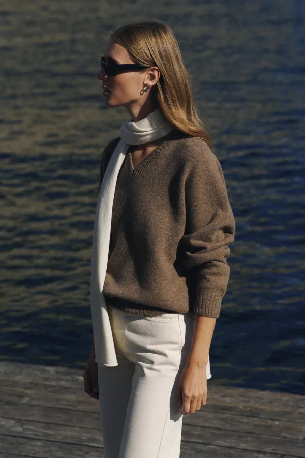Wholegarment Baby Alpaca V-Neck Knit Top [LMBFWIKN2109]-Wood Beige