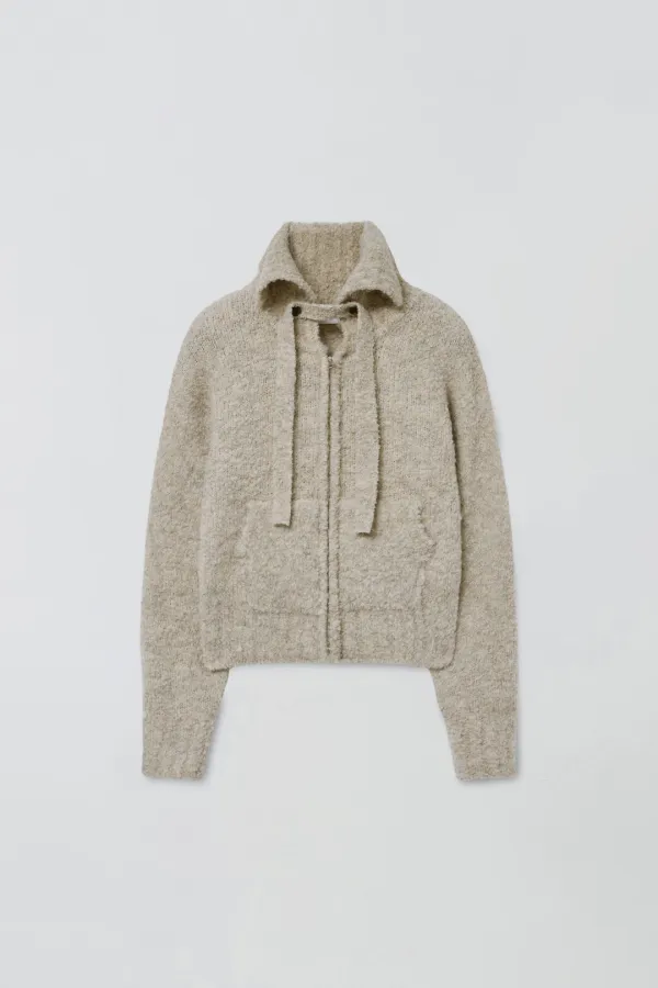 TIE SET COZY BOUCLE KNIT ZIP-UP_OATMEAL