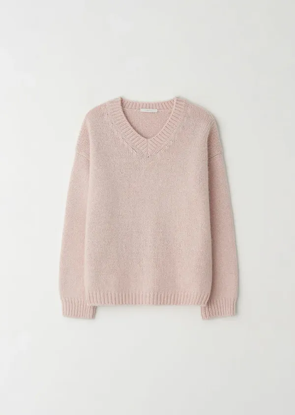 baby alpaca V-neck kint top-pink