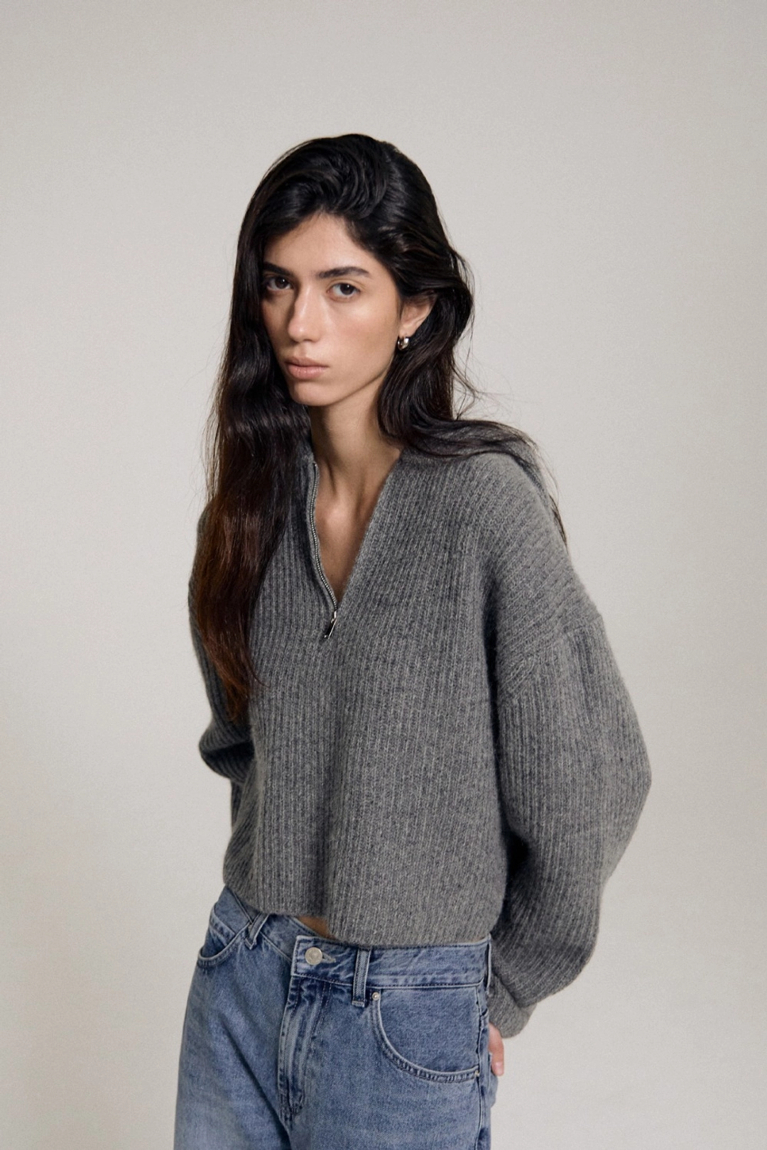 수아마르 Norin Hoodied Half Zip Knit (Melange Gray) 상품 이미지 1