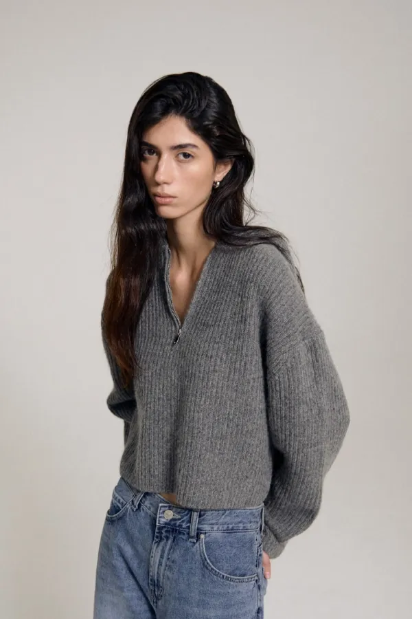 Norin Hoodied Half Zip Knit (Melange Gray)