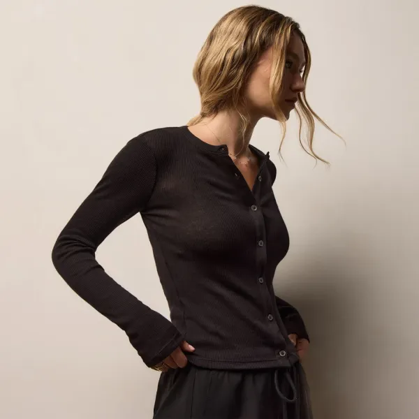 Cotton Gauze Ribbed Button Top - Black