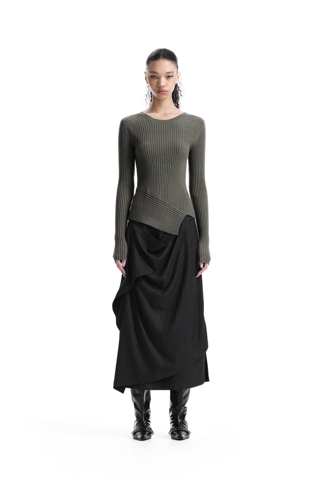 트리밍버드 Asymmetric Ribbed Knit Top [ Khaki ] 상품 이미지 2