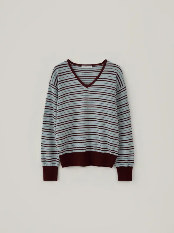 [Cashmere] Dolce Stripe V-Neck Knit - Wine