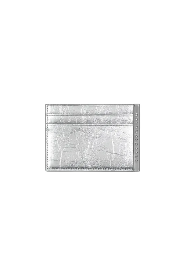 Slim Metal Bar Cowhide Leather Card Wallet [ Silver ]