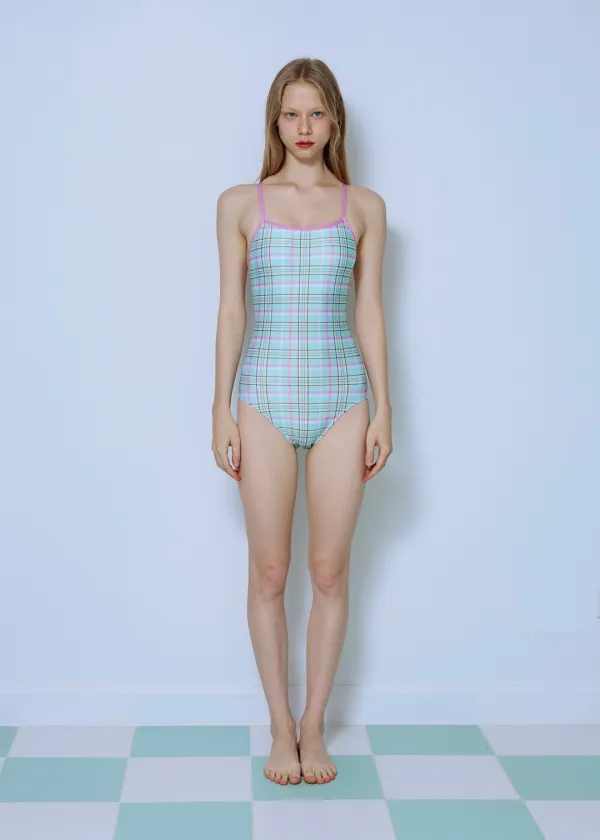 [Active] Plaid Check One-Piece Swimsuit_Mint