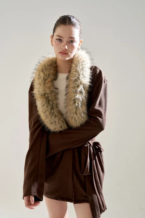 FUR TRIMMING WRAP CARDIGAN BROWN