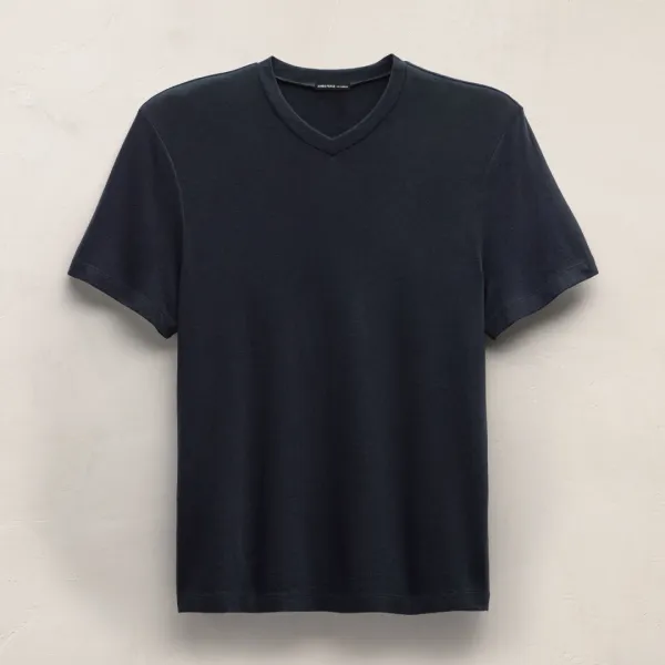 Cotton Cashmere Short Sleeve V Neck - Blue Noir