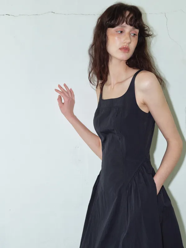Volume Shirring Sleeveless Dress, Black