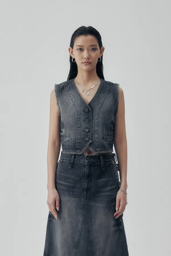 Vintage Frayed Denim Set-up Vest [ Navy ]