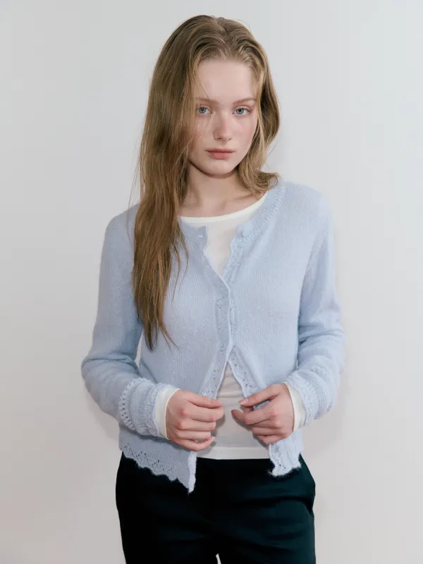Alpaca Scallop Knit Cardigan, Light Blue