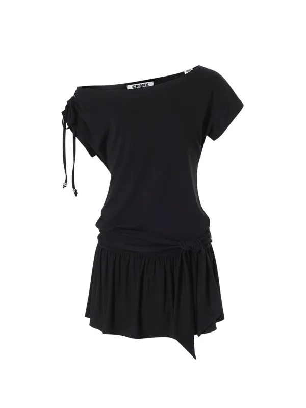 STRING OFF-SHOULDER JERSEY DRESS_BLACK