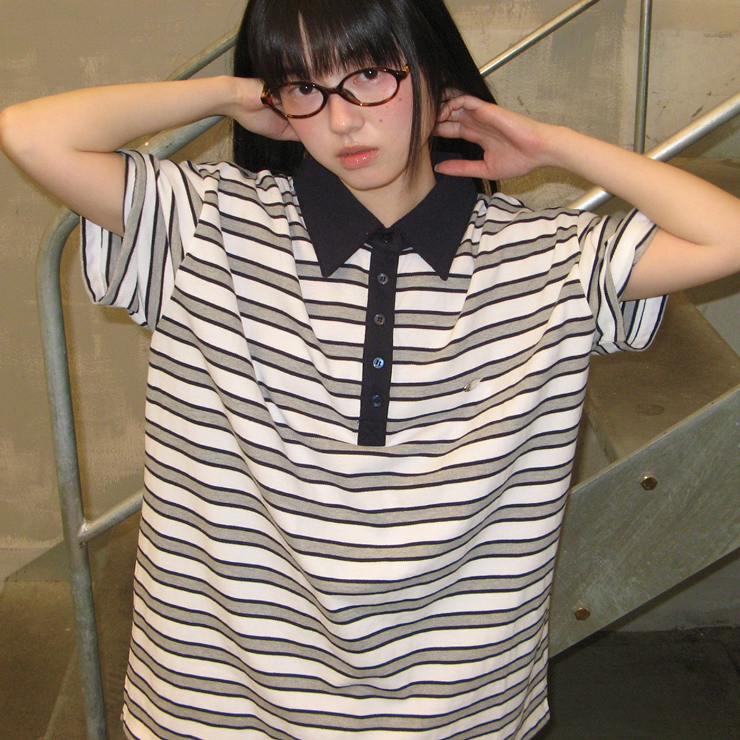 론론 HENRYNECK RUGBY TEE GREY STRIPE 상품 이미지 1