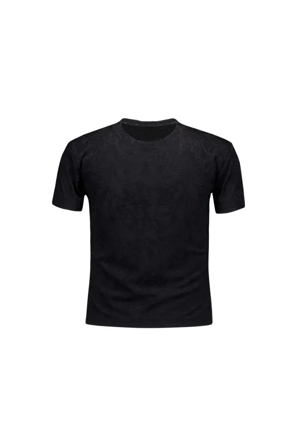 FLORAL JACQUARD HALF-SLEEVE TOP (BLACK)