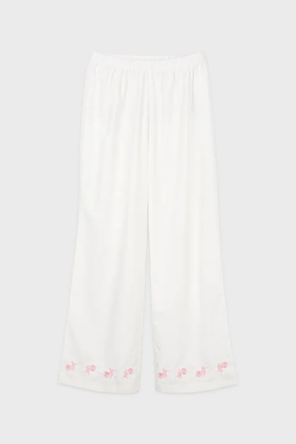 Rose Embroidered Pajama Pants (White)