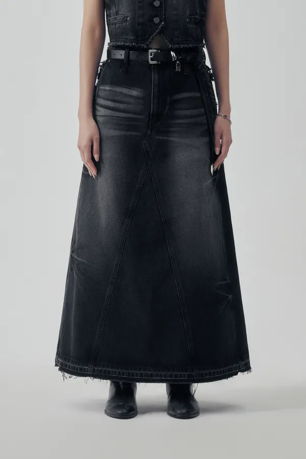 Vintage Frayed Denim Set-up Skirt [ Black ]