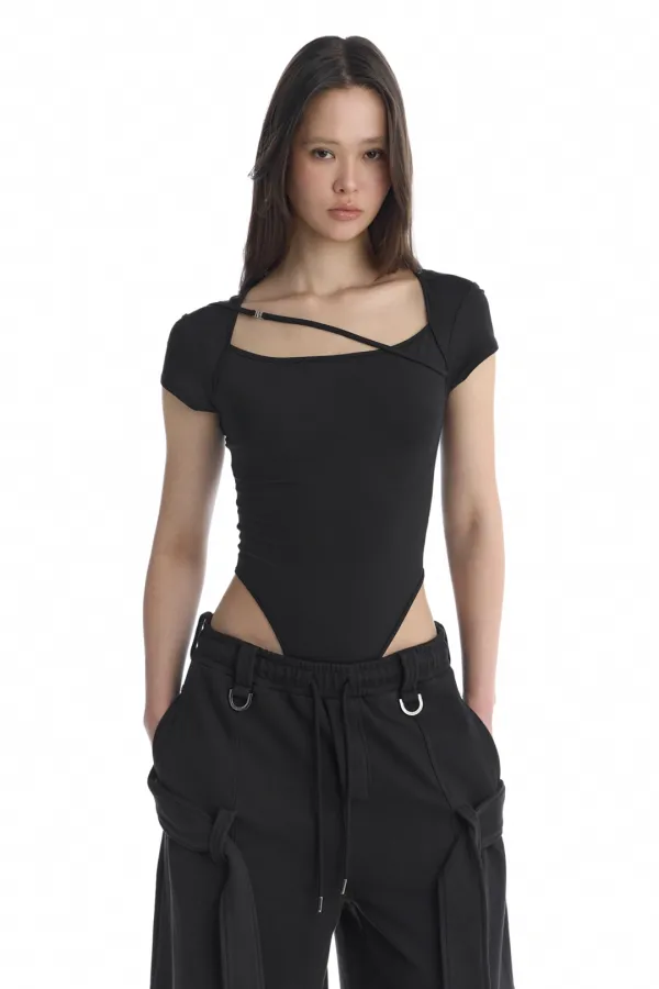 Cross-Neck String Bodysuit [ Black ]