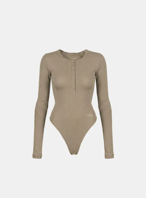[w-jst26-001] BS Cotton Jersey Henley Neck Bodysuit - Tobacco