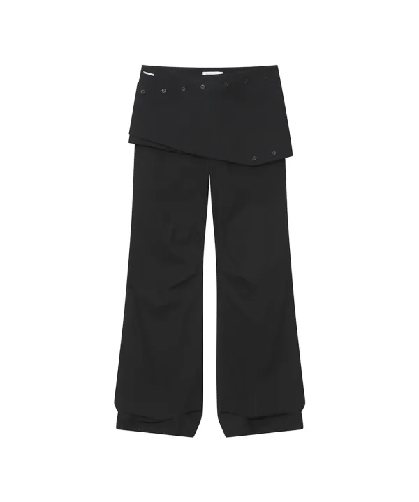 Layered button wrap skirt pants set BLACK