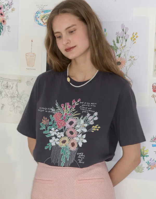 [논로컬 X 이하여백] Vase Hand Drawing T-shirt - Charcoal
