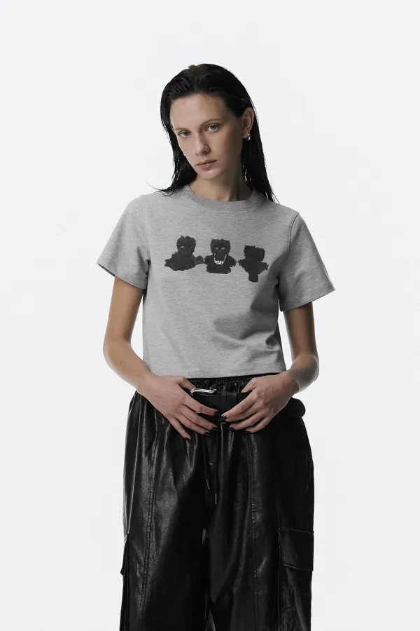 TMB Black Cat Crop T-Shirts [ Melange Gray ]