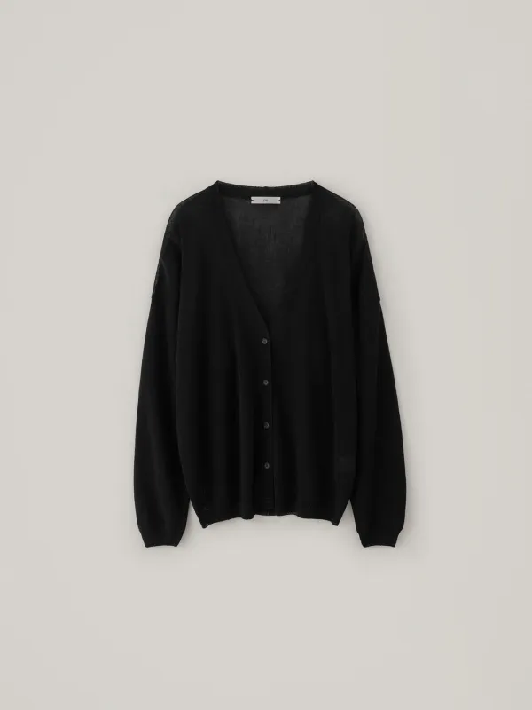 Linen Deep V-Neck Cardigan - Black