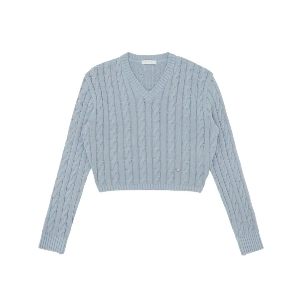 V Neck Cable Knit Top (mist blue)