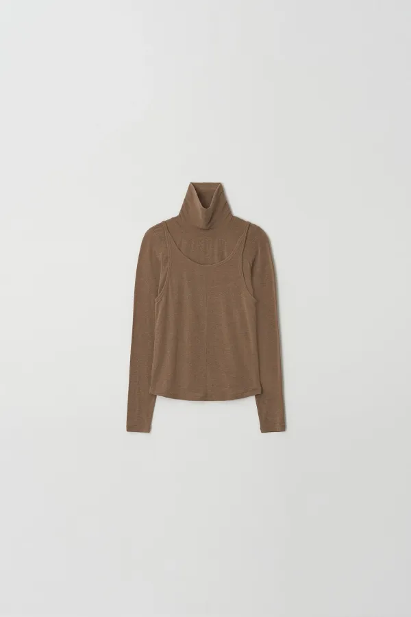 Turtleneck Layered Sleeveless T-shirt (brown)