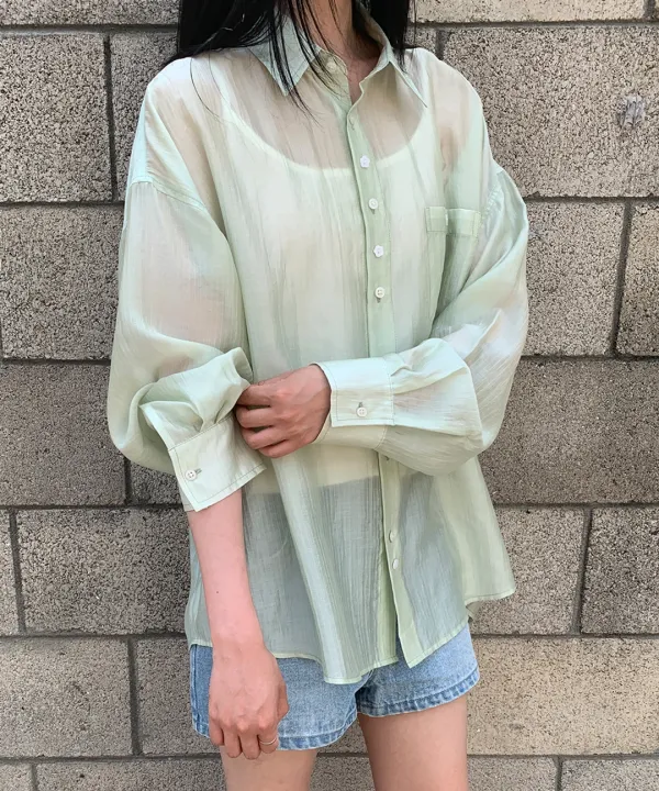 SHEER BUTTON POCKET OVERSIZED SHIRT MINT