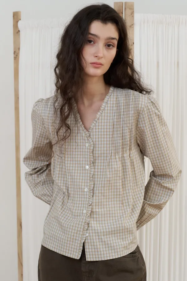 FRAME FRILL BLOUSE_check beige
