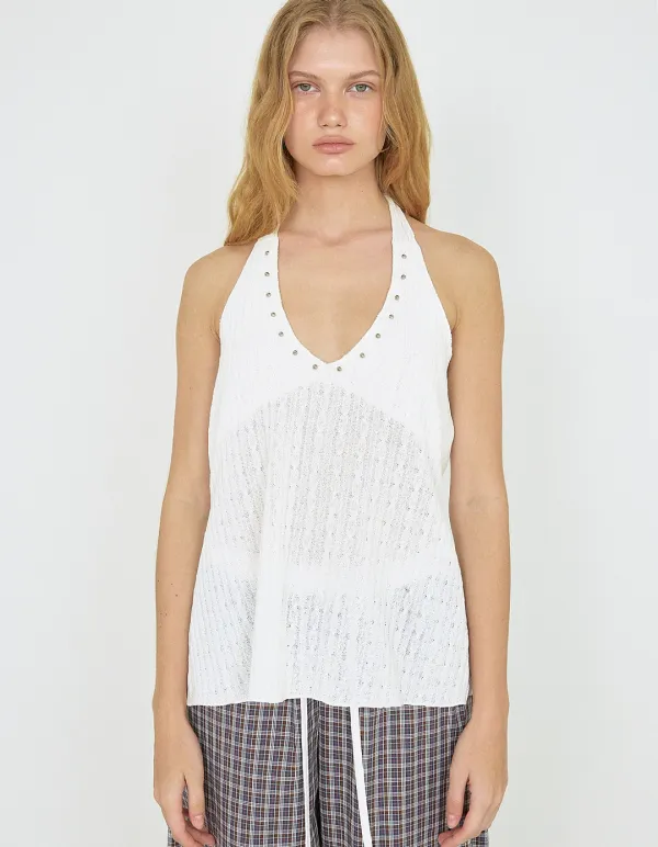STUDDED CABLE HALTER TOP, IVORY