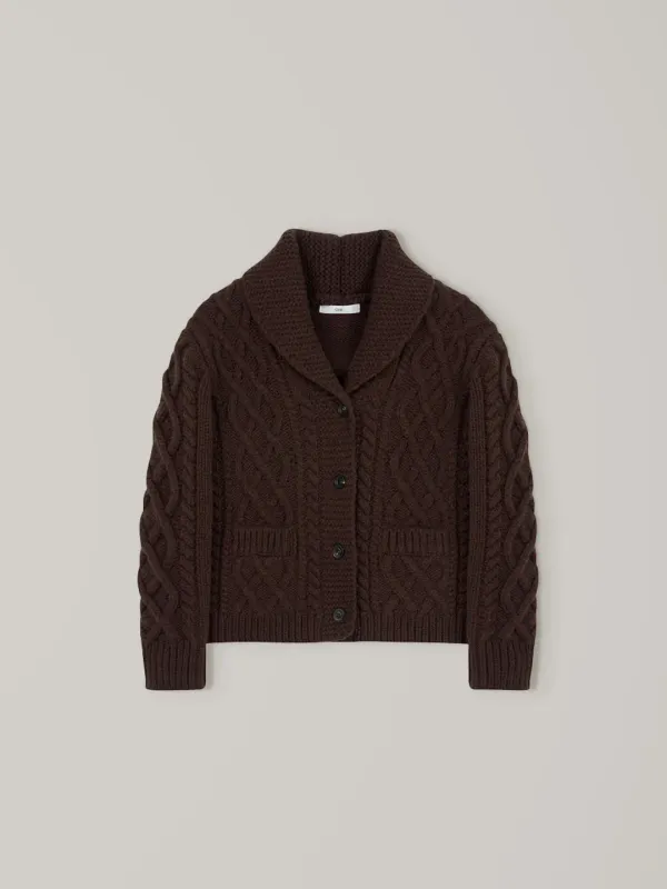 Shawl Cable Wool Sweater - Dark Brown