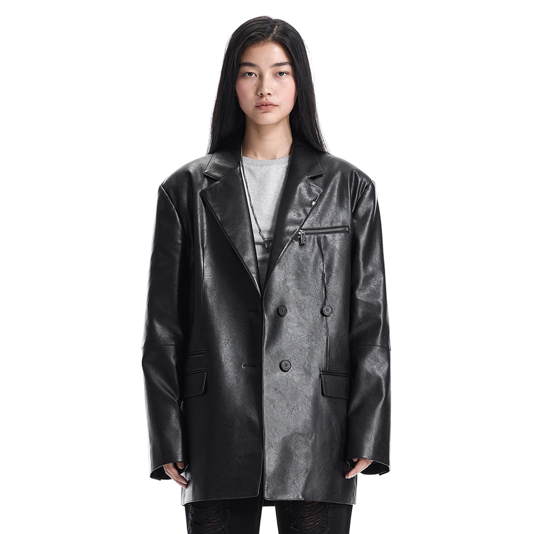 트리밍버드 Metal-Ring Oversized Leather Jacket [ Black ] 상품 이미지 1