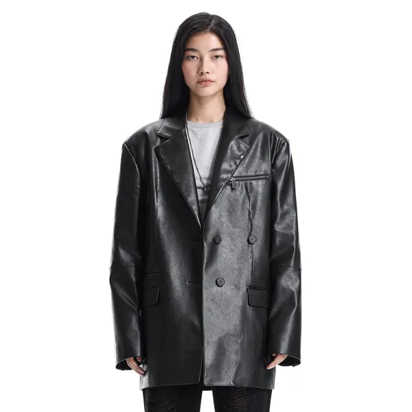 Metal-Ring Oversized Leather Jacket [ Black ]