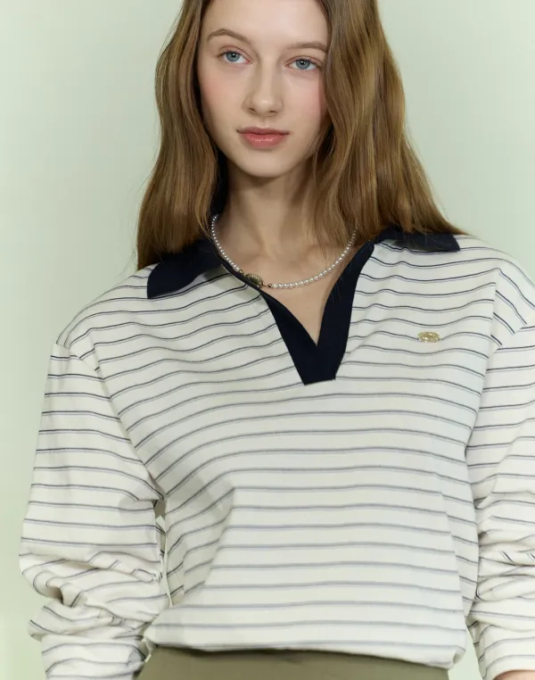 Open Collar Stripe Long Sleeve - Navy