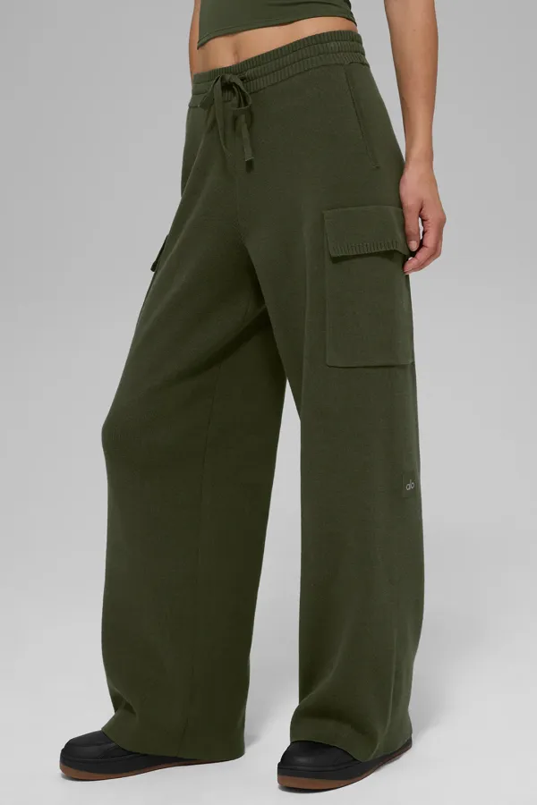 Scholar Knit High-Waist Cargo Pant - Green Olive