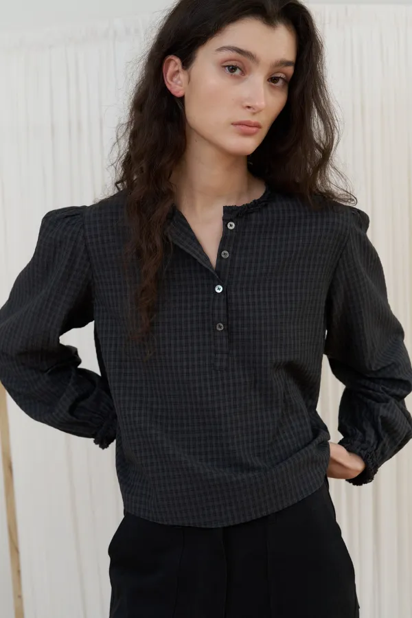 TONE CHECK BLOUSE_dark grey