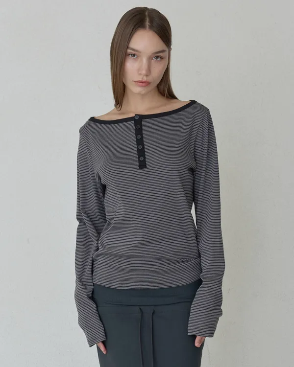 STRIPE BUTTONED LINE TEE - CHARCOAL