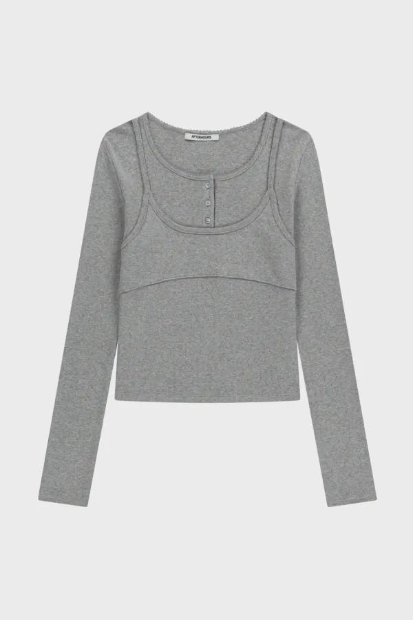 HENLEY NECK LAYERED LONG SLEEVE TOP (MELANGE GREY)