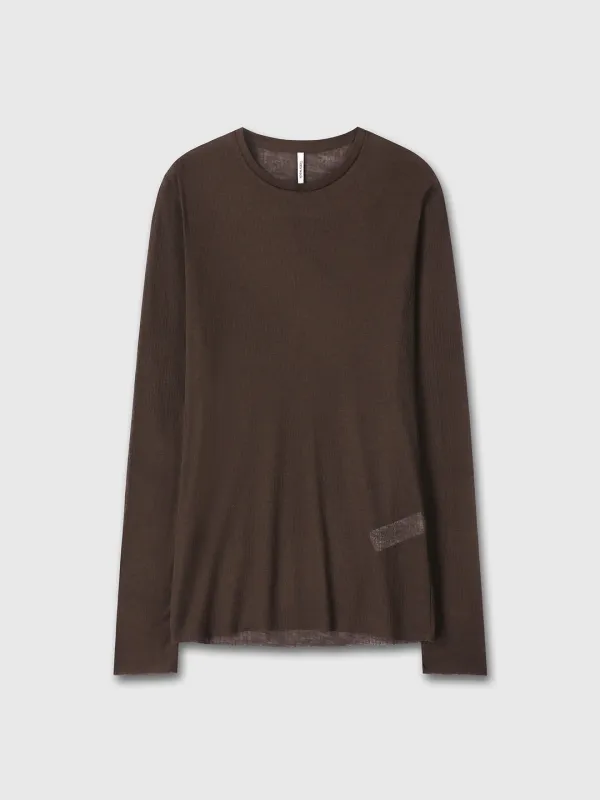 SHEER WOOL RIBBED KNIT TOP_ BROWN
