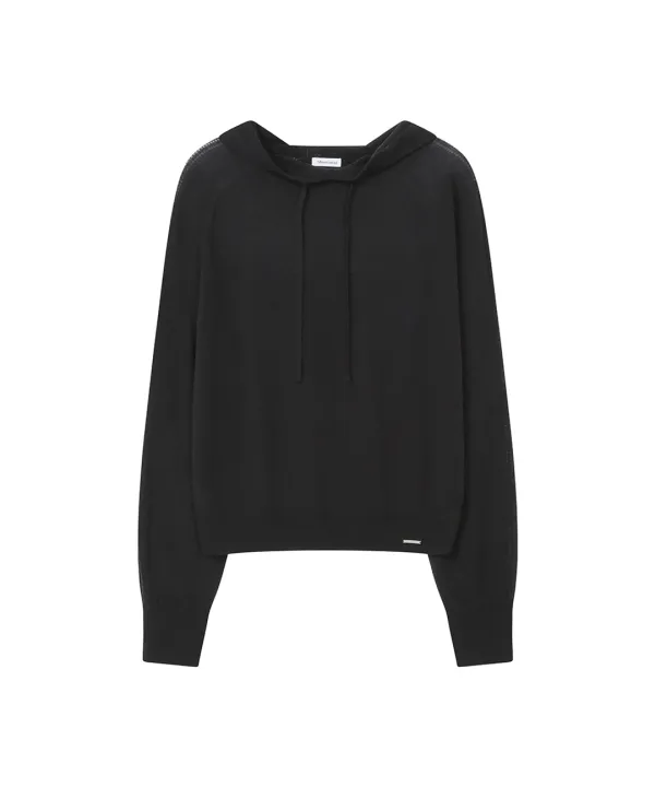 Sheer punching knit hoodie BLACK