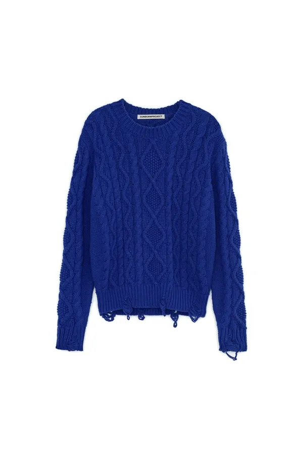 DAMAGED CABLE WOOL KNIT, BLUE