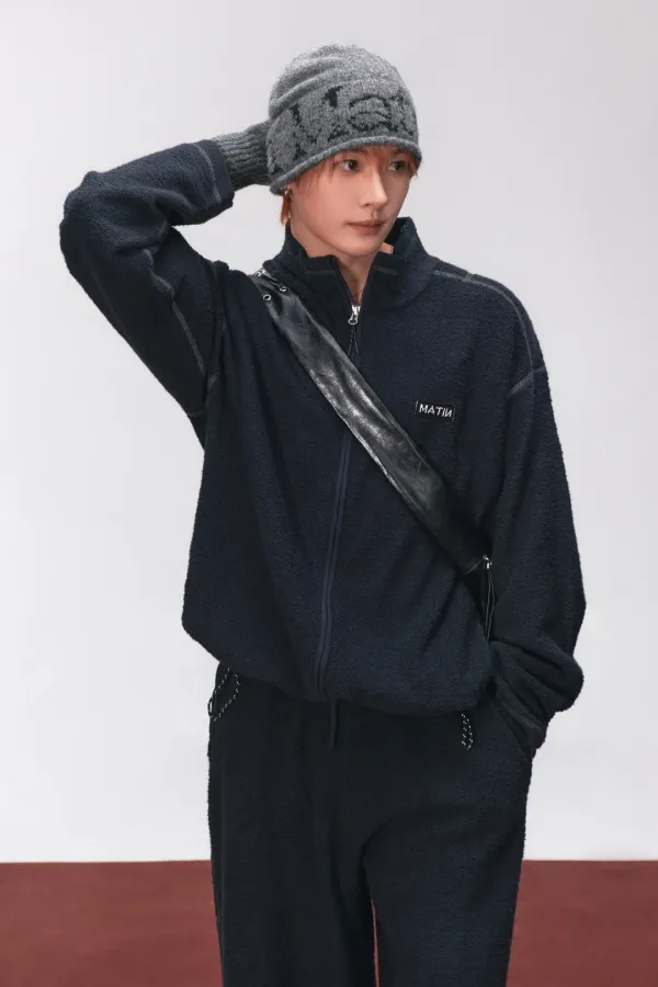 BOUCLE TEXTURE KNIT ZIP UP IN DARK NAVY