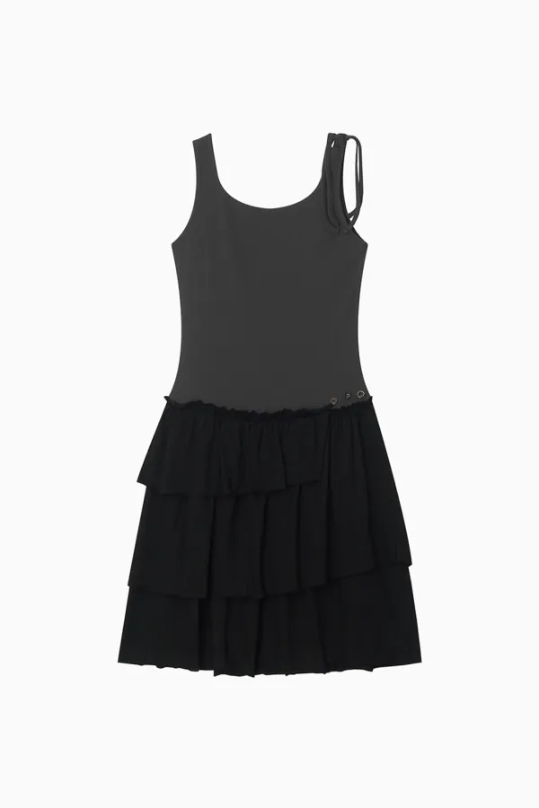 SHIRRING LAYERED DRESS, CHARCOAL
