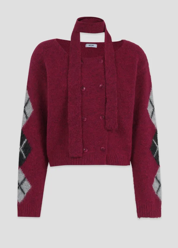  [44-120]  Ruby Tie Set Double Button Knit  루비 타이세트 더블버튼 니트 (가을-간절기-빈티지룩-캐주얼룩-데일리룩-아가일-헤어리-스퀘어넥-셋업-빅사이즈-자체제작) 