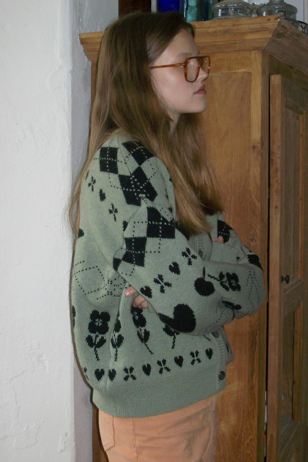 시눈 Mixed Pattern Knit Cardigan (Light Khaki) 상품 이미지 2