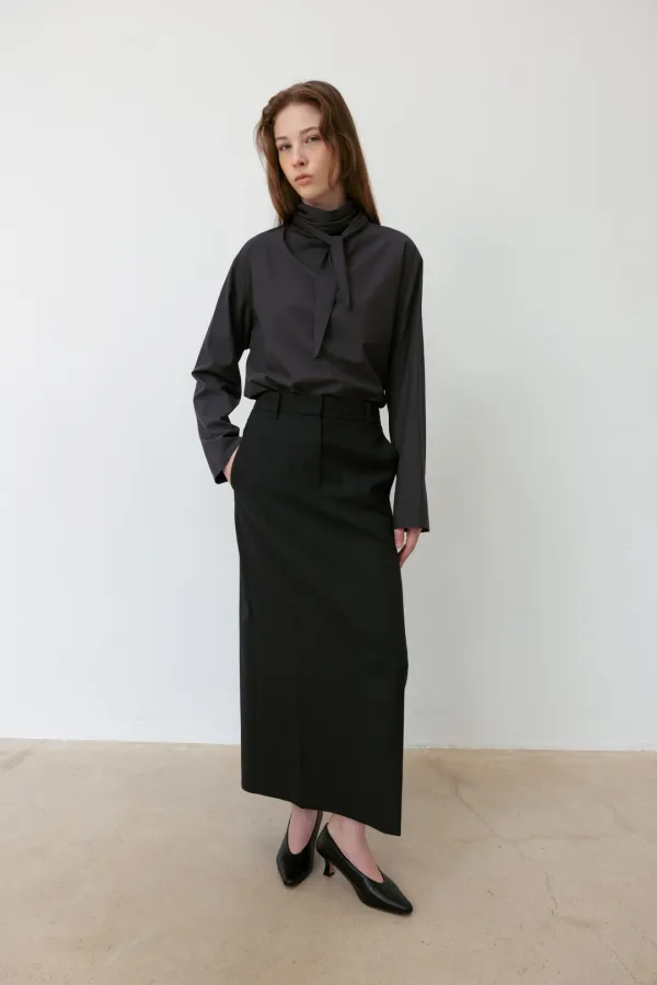 Long-Sleeve Scarf Blouse_Charcoal
