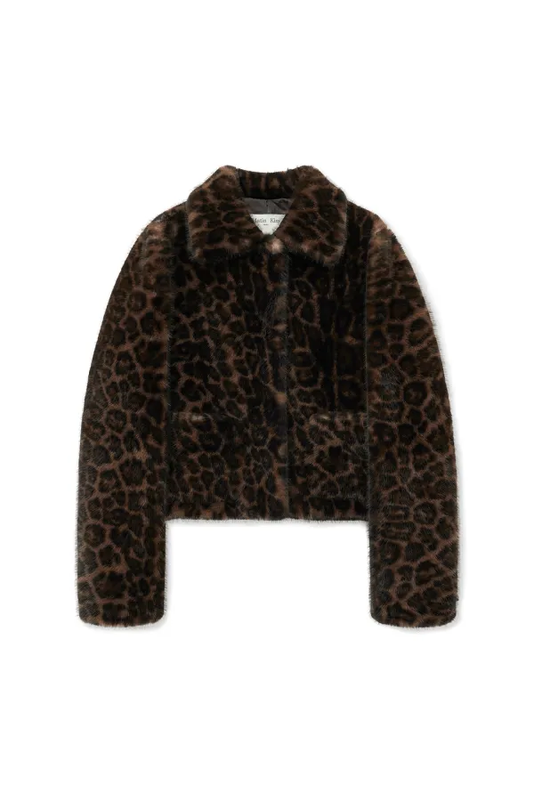 LEOPARD FUR CROP JACKET IN BROWN