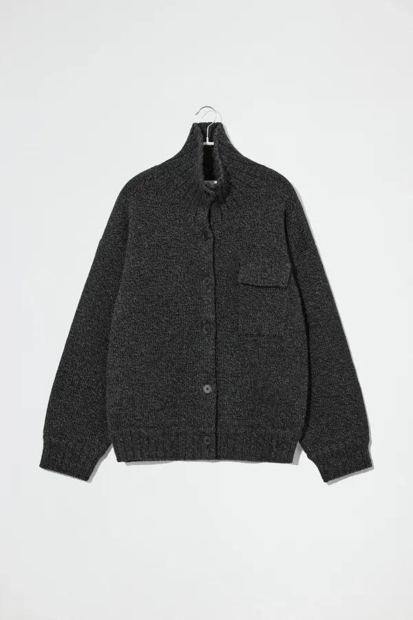 MERINO WOOL HIGH NECK CARDIGAN - DARK GREY